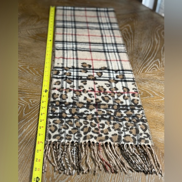Cashmink Plaid and Cheetah Print Scarf in cream, brown, grey and red - Picture 8 of 9